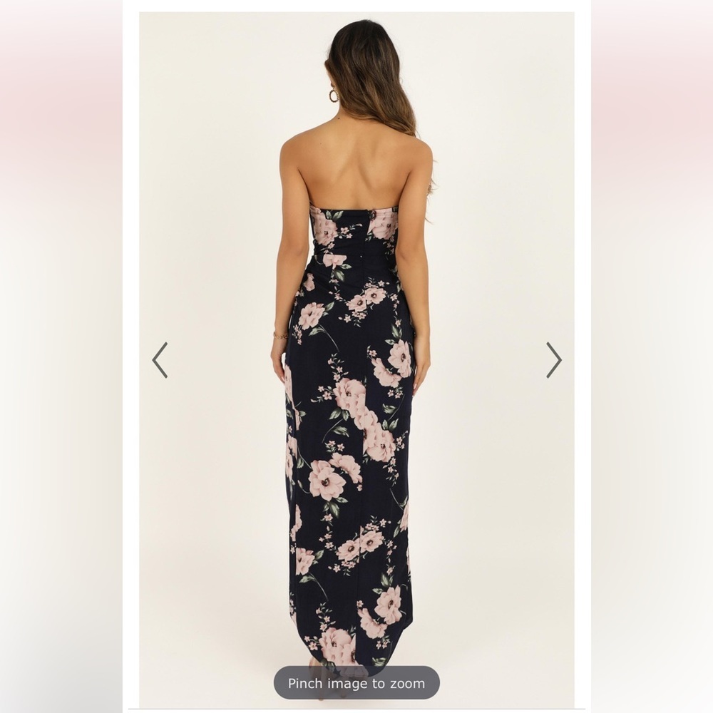 SHOWPO NAVY BLUE FLORAL “TAKE IT FROM THE TOP” STRAPLESS MAXI DRESS - Picture 3 of 14